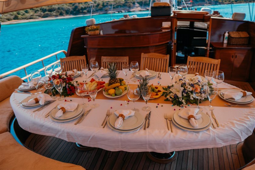 a dinner table with plates on a sail turkey yacht